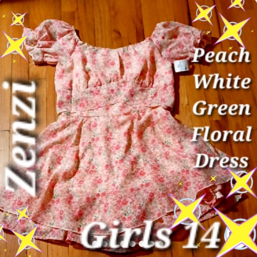 Zenzi Floral Peach, White & Green Puff Sleeve layered Dress Girls XL 14